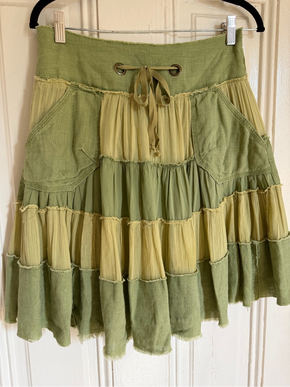 Y2K rare free people size small Women's Two-Tone Green Tiered Boho Skirt - Picture 3 of 15